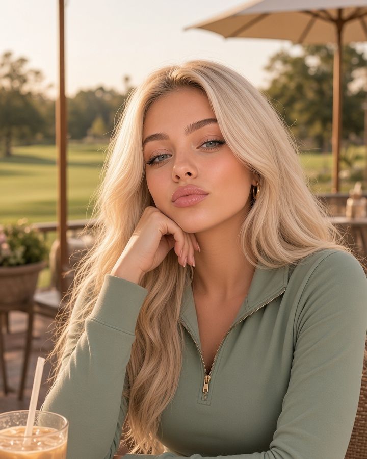 Brittany at the clubhouse patio with an iced coffee and a scorecard