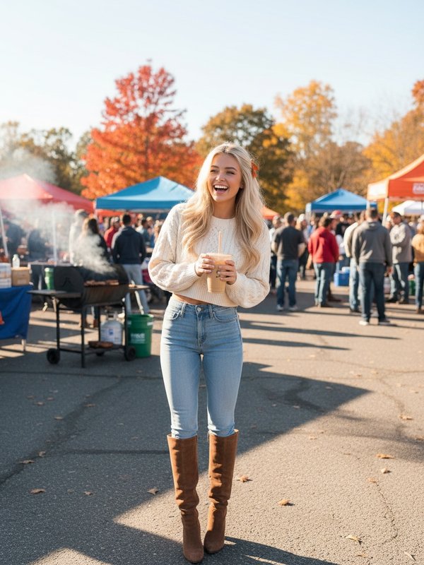 Brittany laughing at a fall tailgate with an iced coffee